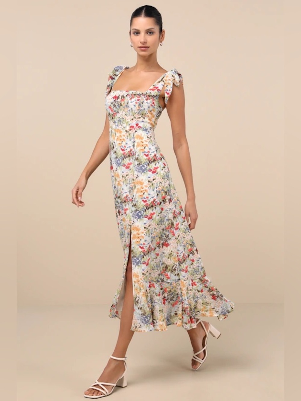 Lulus Summer Invite Multi Floral Tie-Strap Tiered Midi Dress NWT L